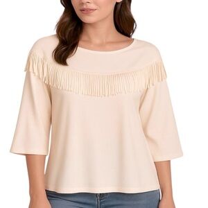Vicki Wayne Fringed Scooped Neck Fleece Top with 3/4 Sleeves Cream Size Large